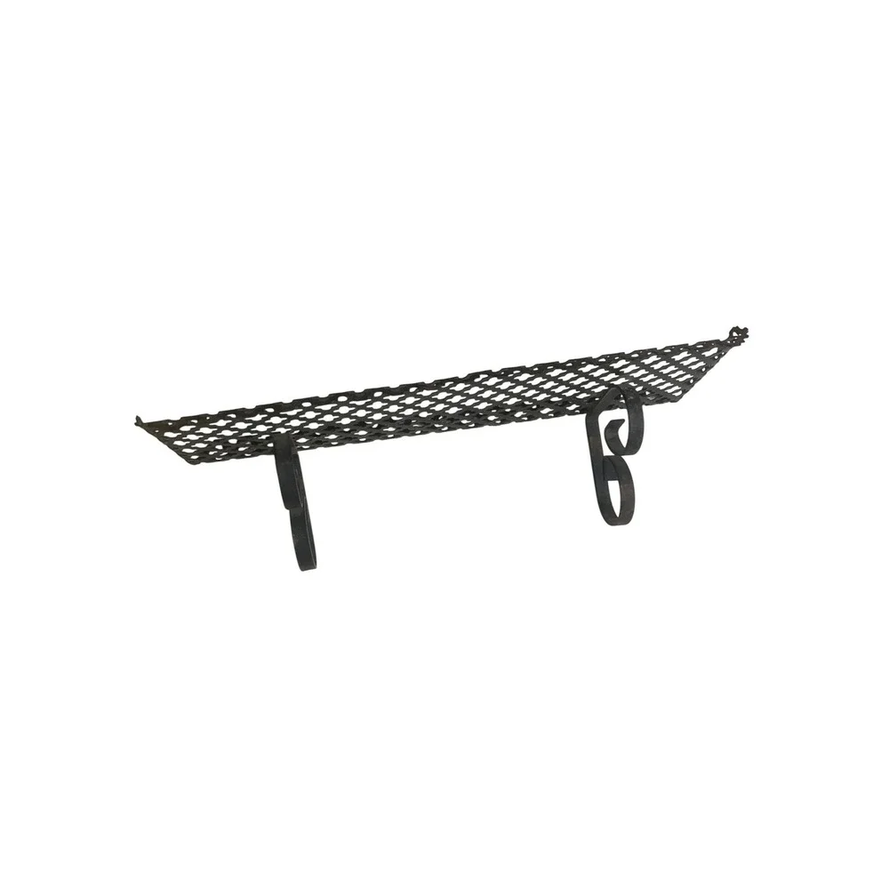 Vintage Black Wrought Iron Lattice Wall Shelves Pair Quatrefoil Scroll Brackets